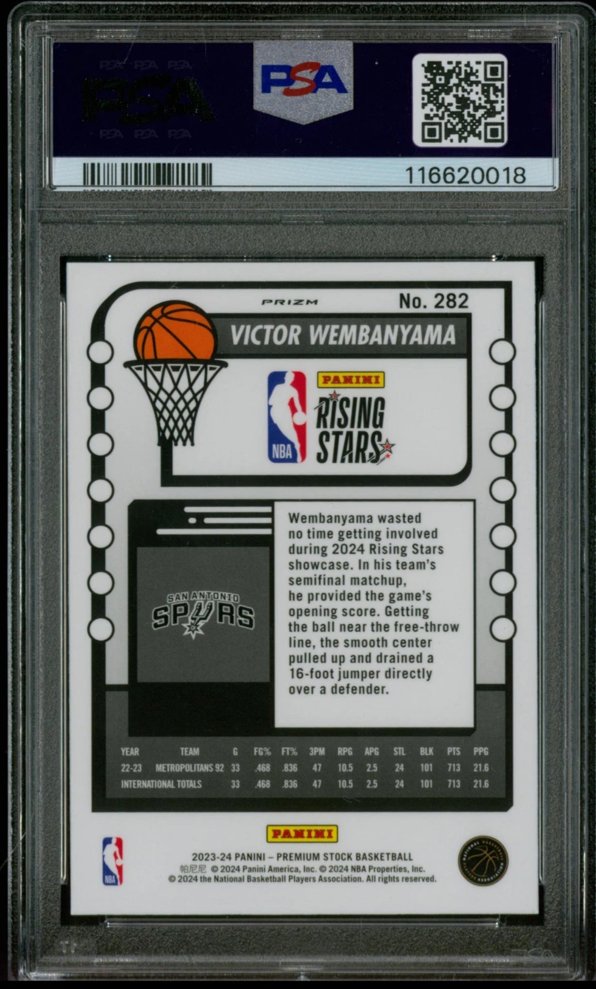 Panini TOPPS Victor Wembanyama Rookie #282 - 2023 Premium Basketball - Ice Prizm Holo - PSA 9