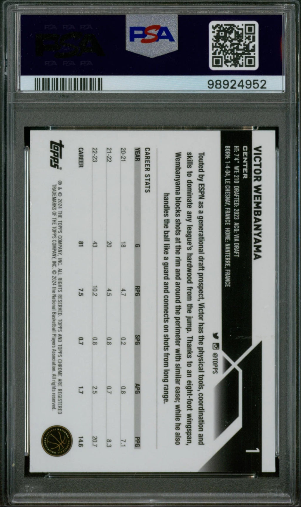 TOPPS Victor Wembanyama Rookie #1 2023 Topps Chrome Basketball Holo - English - PSA 9