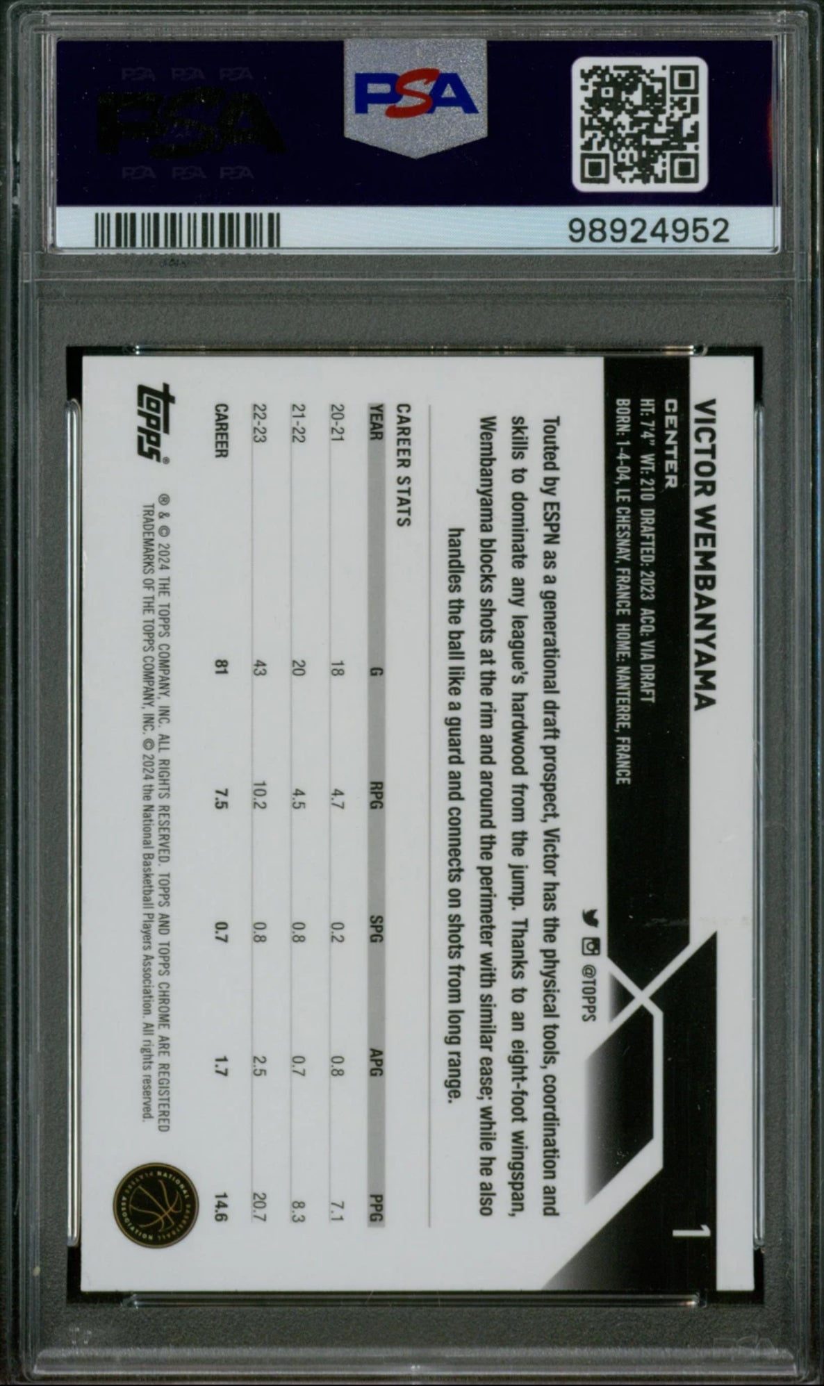 TOPPS Victor Wembanyama Rookie #1 2023 Topps Chrome Basketball Holo - English - PSA 9